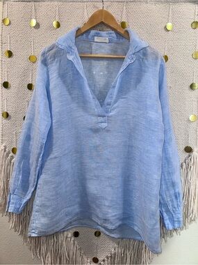 Light Blue Linen V-Neck Popover Tunic Long-Sleeve Top
